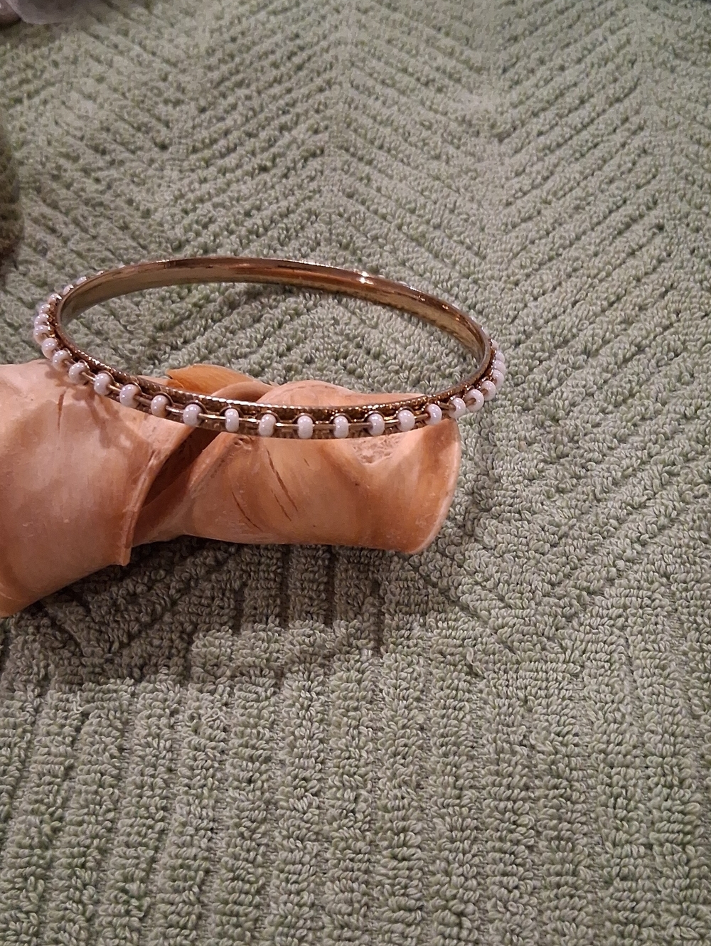 Gold Beaded Pearl Accent Bangle Bracelet